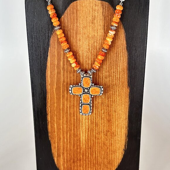 Western Necklace, Sterling Cross Necklace, Spiny Oyster Necklace - Picture 5 of 9